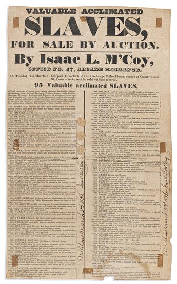 (SLAVERY.) Valuable Acclimated Slaves, for Sale by Auction by Isaac L. M'Coy.                                                                    